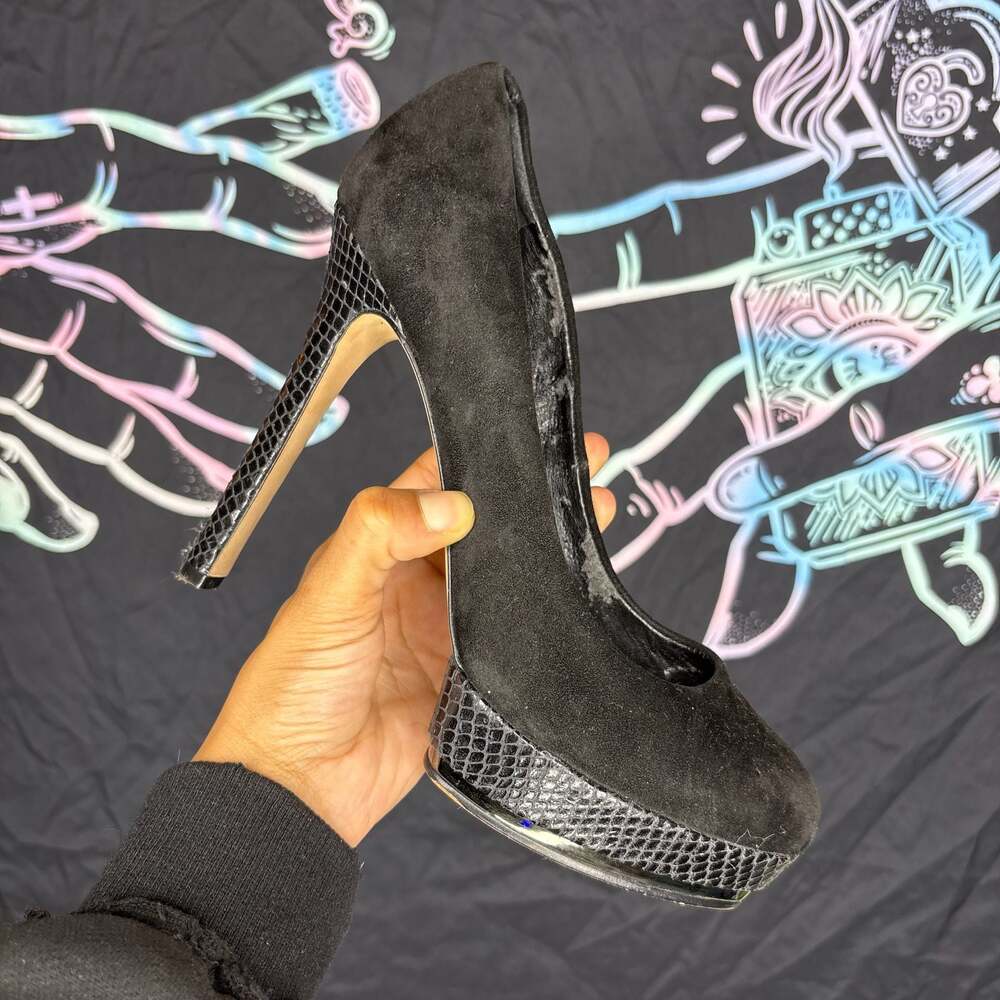 Vince Camuto Black Suede Platform Pumps with Snakeskin Embossed Heel